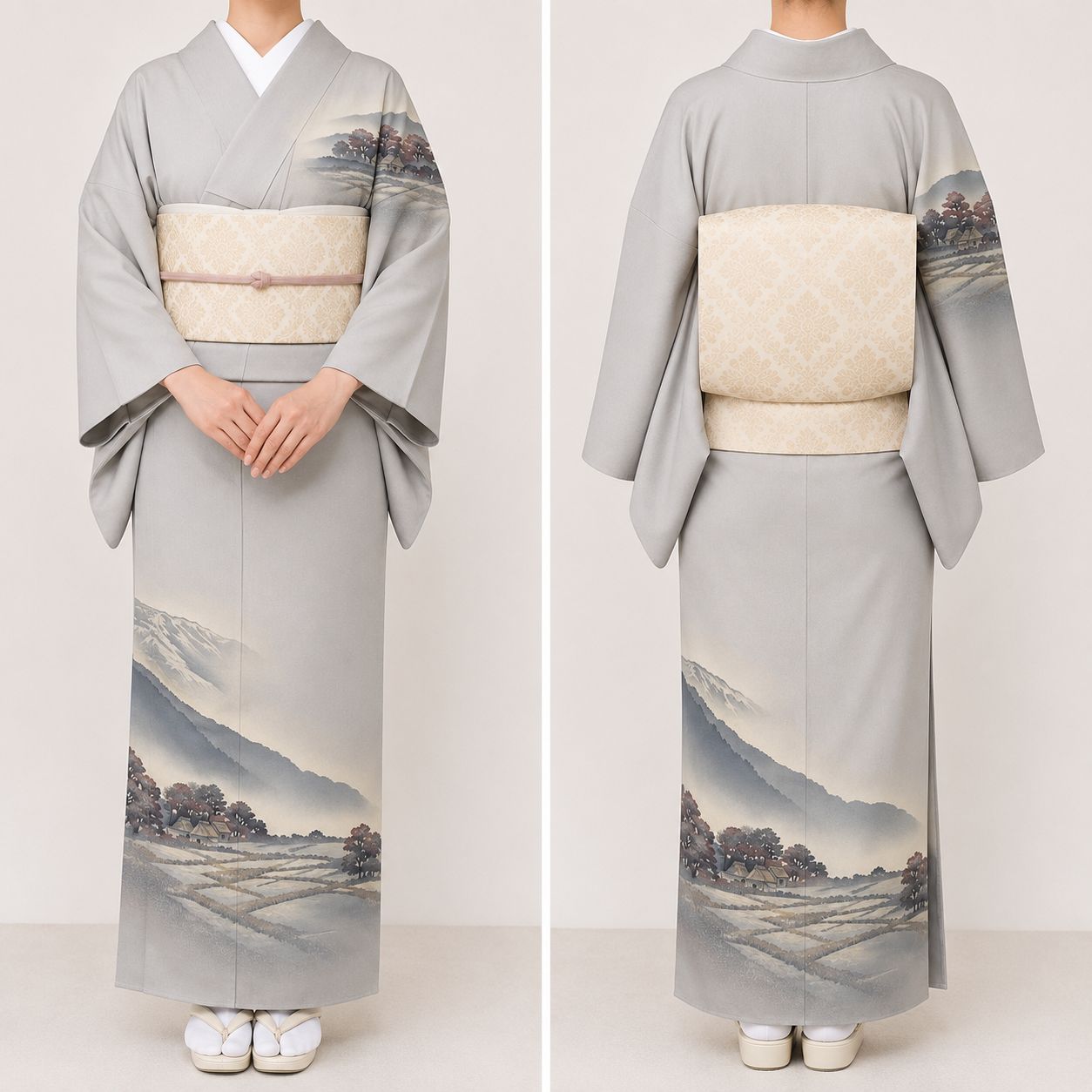 K213 付け下げ 落款あり 月山 しつけ糸付き 風景文 正絹 和装 和服 