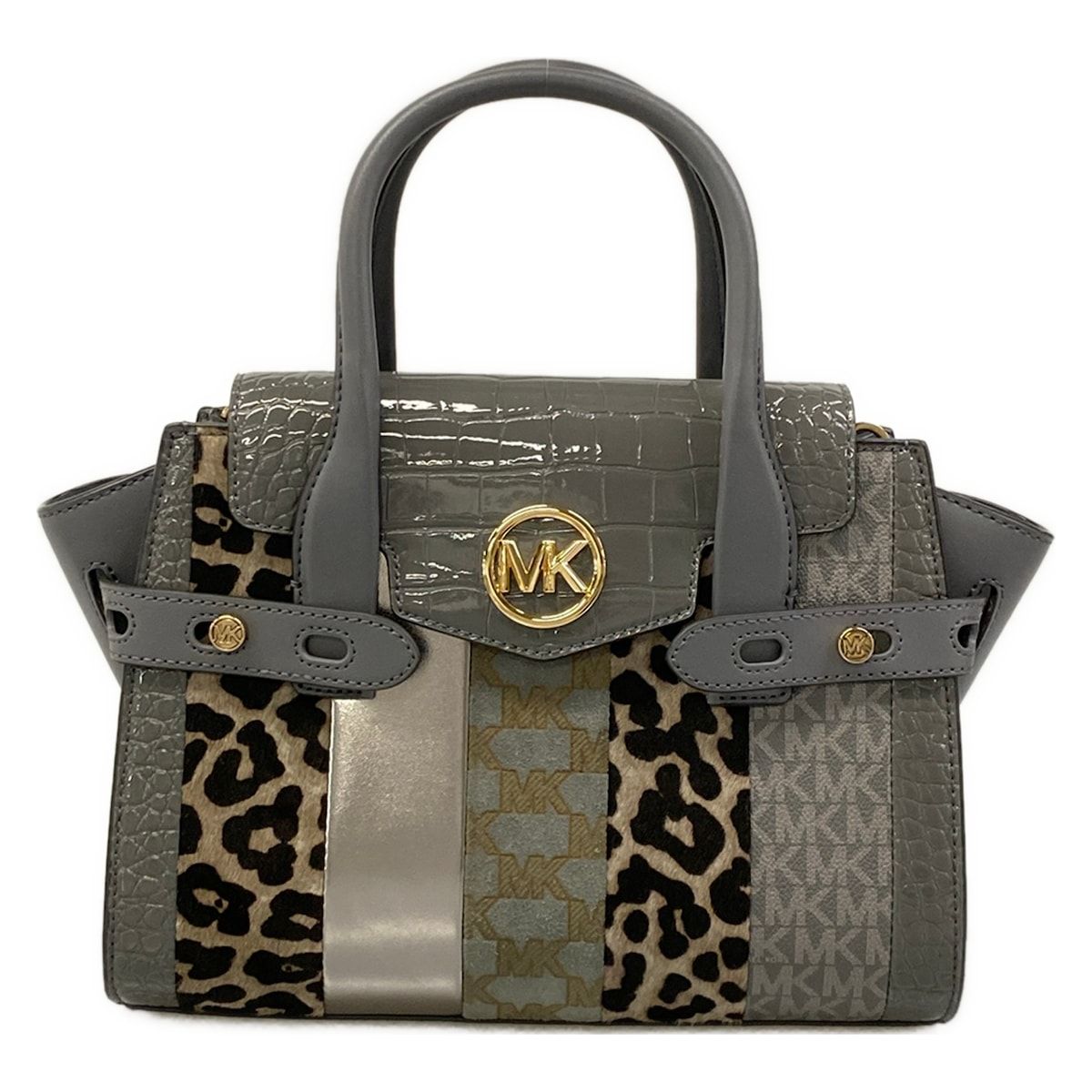 MICHAEL KORS(マイケルコース) ハンドバッグ美品 - グレー×黒×マルチ 型押し加工/豹柄 レザー
