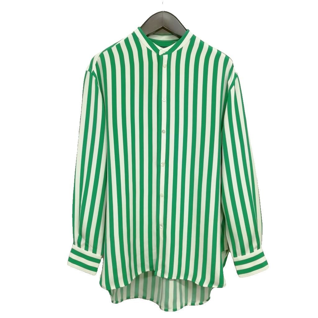 ポロ バイ ラルフローレン Polo by Ralph Lauren シルク バンドカラー シャツ ブラウス ストライプ オーバーサイズ 美品 S グリーン