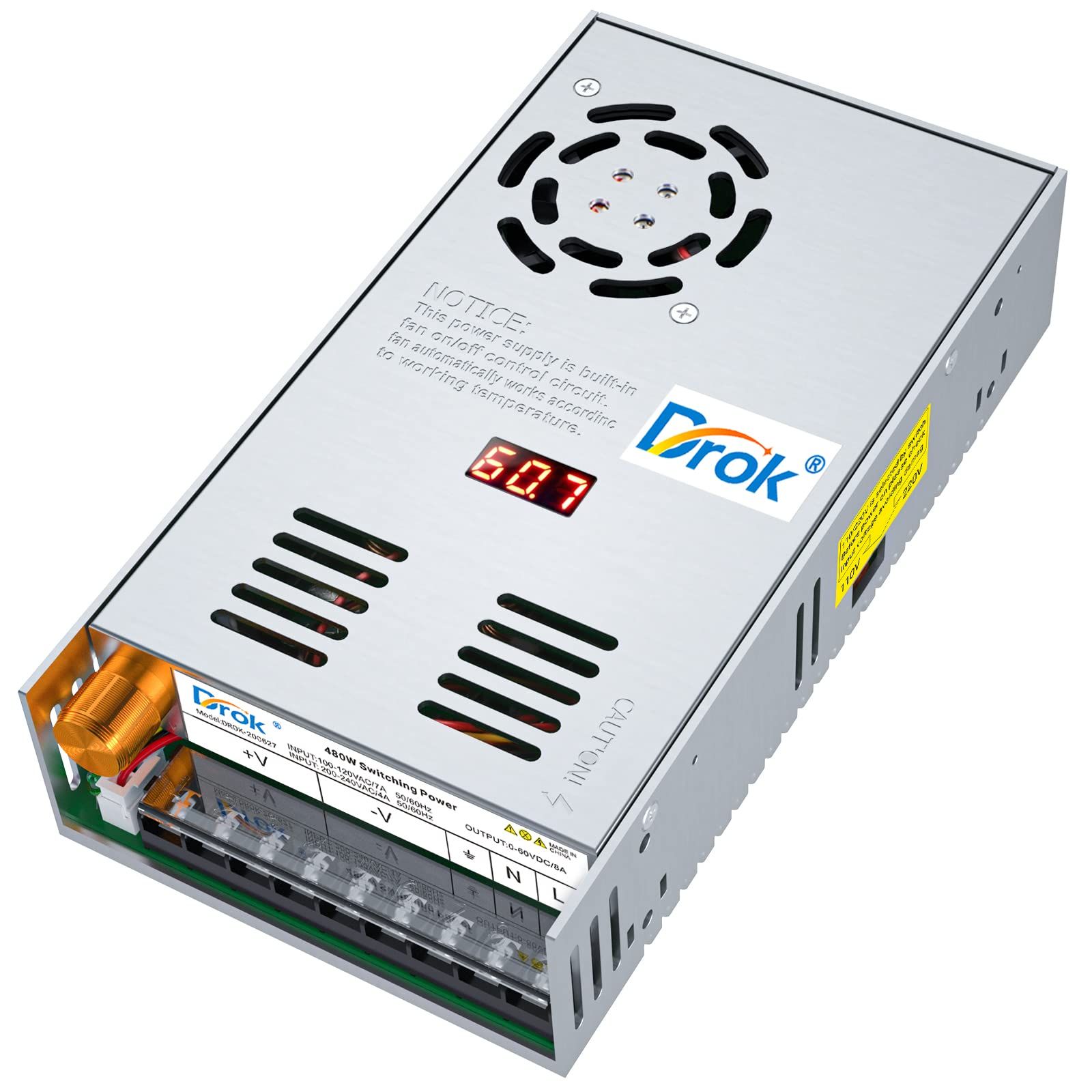☆新品☆DROK スイッチング電源 AC 110/220V→DC 0-60V 8A 480W 電圧調整可能 安定化 直流電源変換器 過負荷電圧遮断 放熱ファン付き コンバーター 549d6e5f