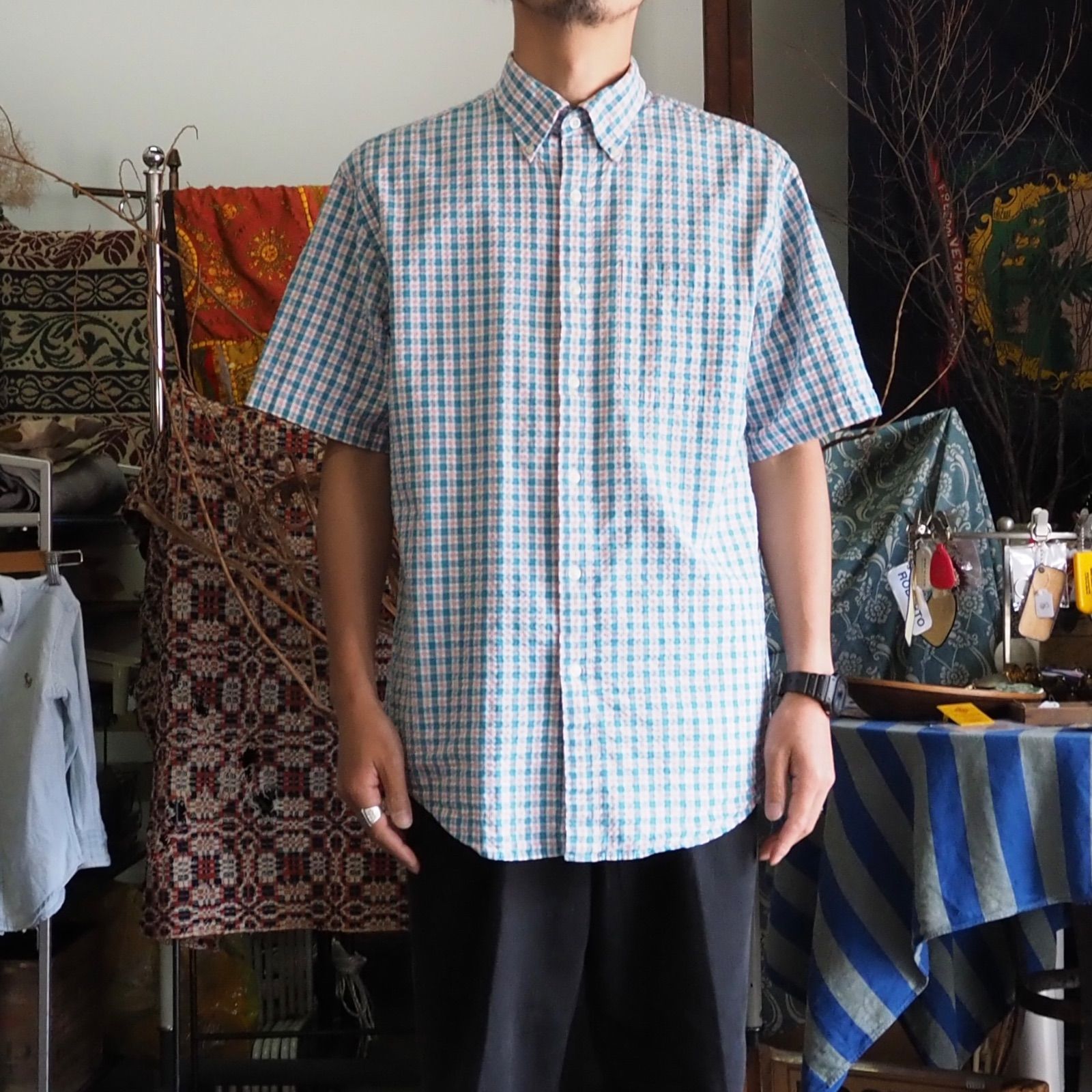 L.L.Bean Seersucker S/S B.D Shirt M シアサッカー ボタンダウン 半袖シャツ