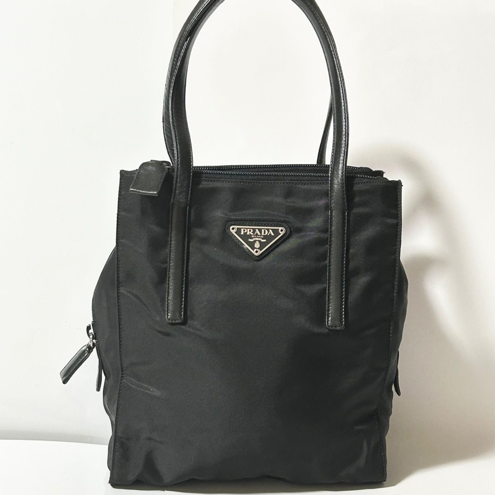 PRADA プラダ 三角ロゴプレート ポコノ ナイロン レザー ハンドバッグ ブラック シルバー金具 B3612160C