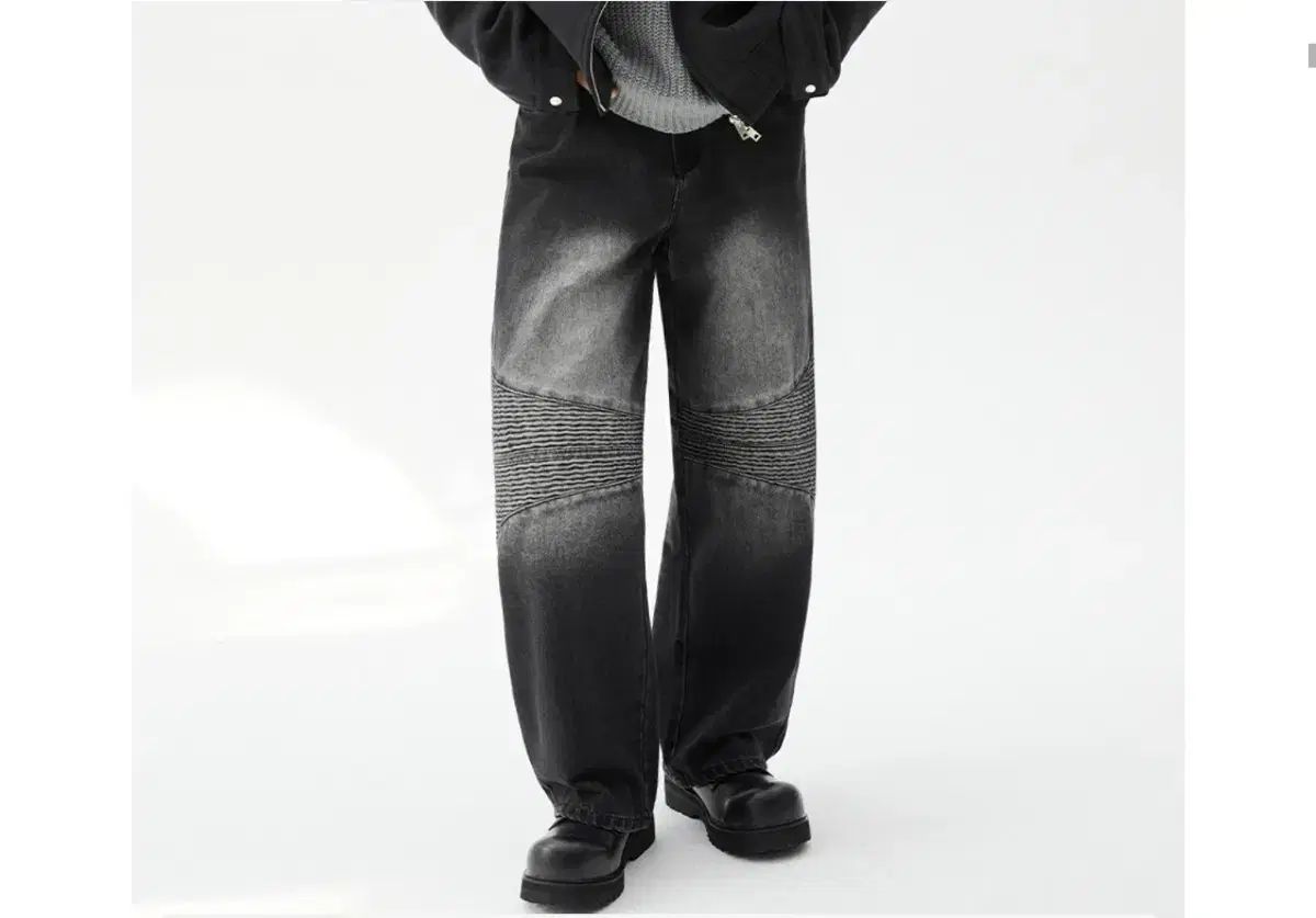 TRILLION ウォッシュド バイカー ワイド デニム パンツ (ブラック) (新品)
