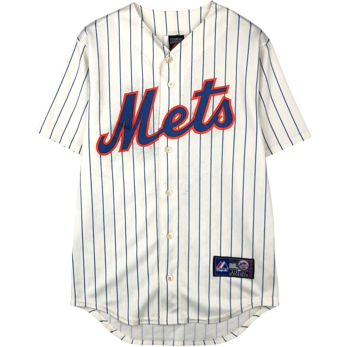 古着 Majestic MLB NEW YORK METS ニューヨークメッツ ストライプ柄 ゲームシャツ ベースボールシャツ USA製 メンズS相当/eaa645288