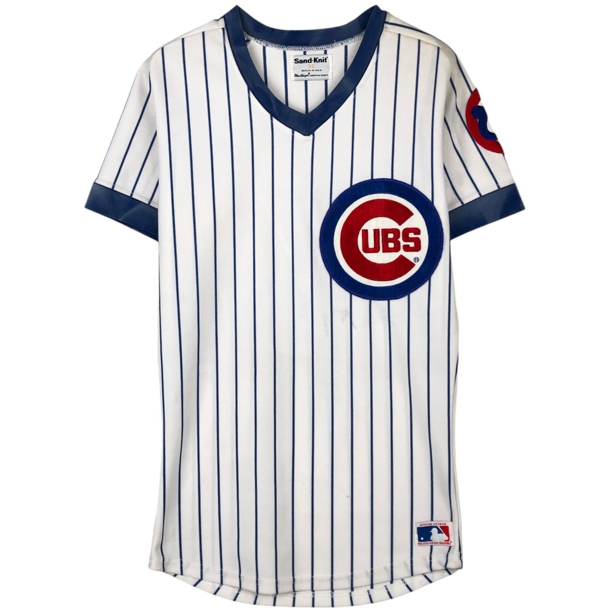 古着 Sand-Knit MLB CHICAGO CUBS シカゴカブス ストライプ柄 Vネック ベースボールTシャツ メンズS相当 ヴィンテージ/eaa645295
