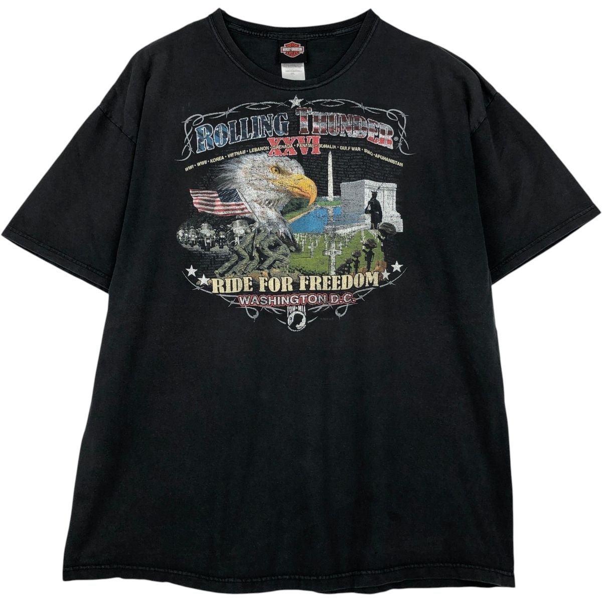 古着 Harley-Davidson ハーレーダビッドソン 鷲柄 イーグル柄 星条旗柄 モーターサイクル バイクTシャツ USA製 メンズXXL相当/eaa621554