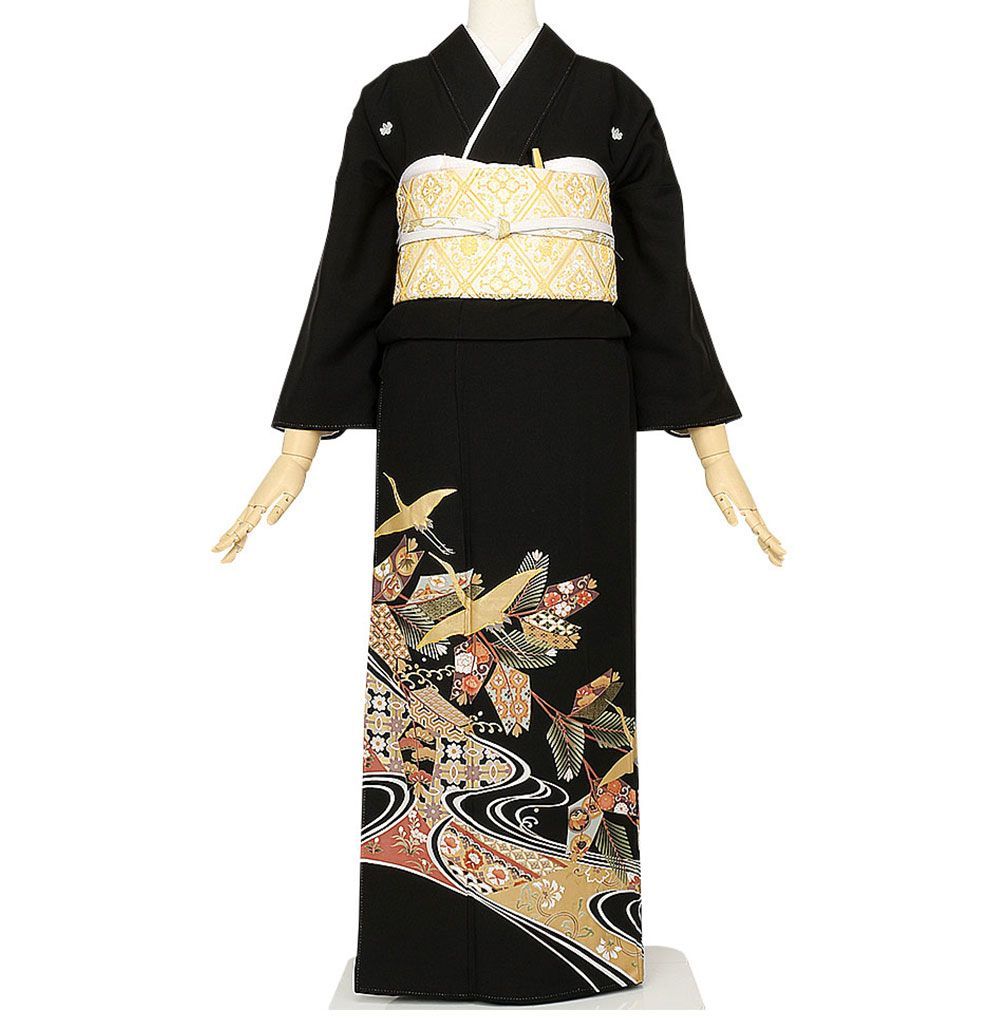 礼装用　黒留袖　流水に飛翔鶴　着物単品　【結婚式、披露宴などの祝い事に】旧レンタル商品