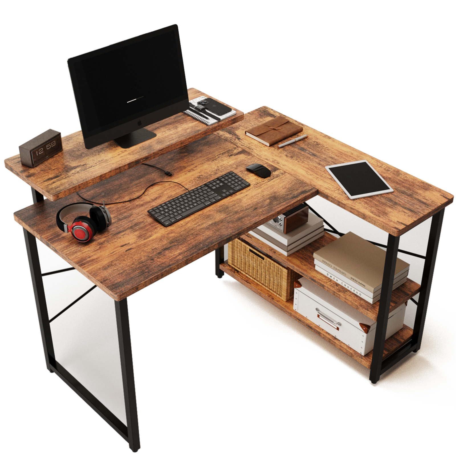 Embrace life パソコンデスク computer desk 机 収納 ゲーミングデスク L字型 リムーバブルラック pcデスク ラック付き コーナーデスク オフィスデスク 在宅勤務 副105cm トラ皮色ｍａ