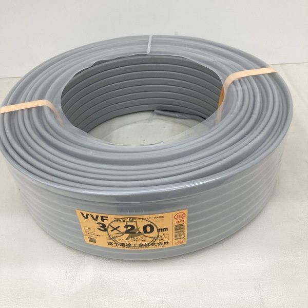 2026年5月7日製 富士電線工業 VVFケーブル 3×2.0mm 灰色 100m 黒白赤 未使用 600Vビニル絶縁ビニルシースケーブル平形 ★DT738-