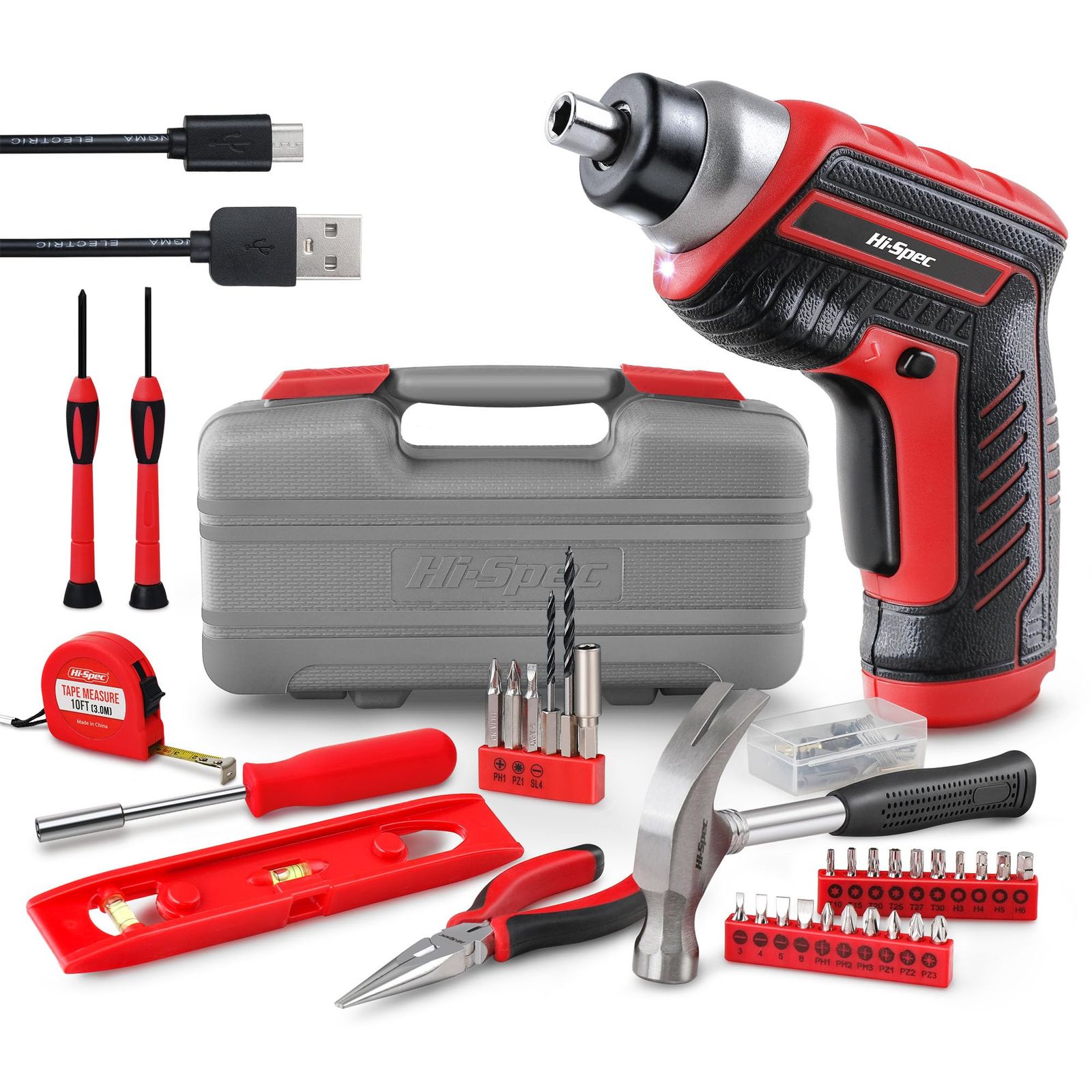 Hi-Spec 35点 工具セット 3.6V 電動ドライバー ドリルセット付き ベーシックツールセット 穴あけ 軽量USB充電式ドライバー 家庭用ツールセット 日曜大工 DIYセット 作業工具セット 家具の組み立て 住まいのメンテナンス用 国 3d28c718