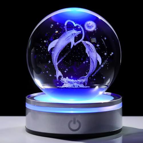 Kertari K9 クリスタルボール イルカ 3D模型 誕生日プレゼント 男性 女性 人気【正規品】インテリア 動物フィギュア 置物 オシャレ 癒しグッズ 水晶玉 LEDライトベース 間接照明 雰囲気作り 飾り 記念日 母の日 バレンタイン 51fd81cb
