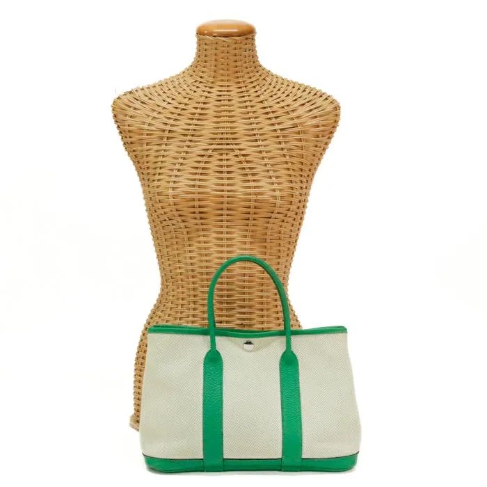 エルメス HERMES ガーデンパーティ TPM 30 トワルアッシュ (キャンバス) /カントリー (レザー) SV金具 □O刻印 (2011年) ハンドバッグ ミニトート レディース ミント グリーン /ナチュラル ベージュ 正規品 中古 mbz16010