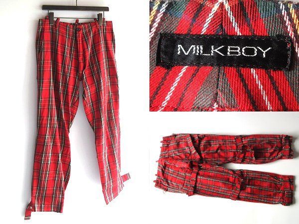 状態良好 希少 90sビンテージ MILK BOY ミルクボーイ コットン ジップ タータンチェック ボンテージパンツ 赤 レッド パンクファッション