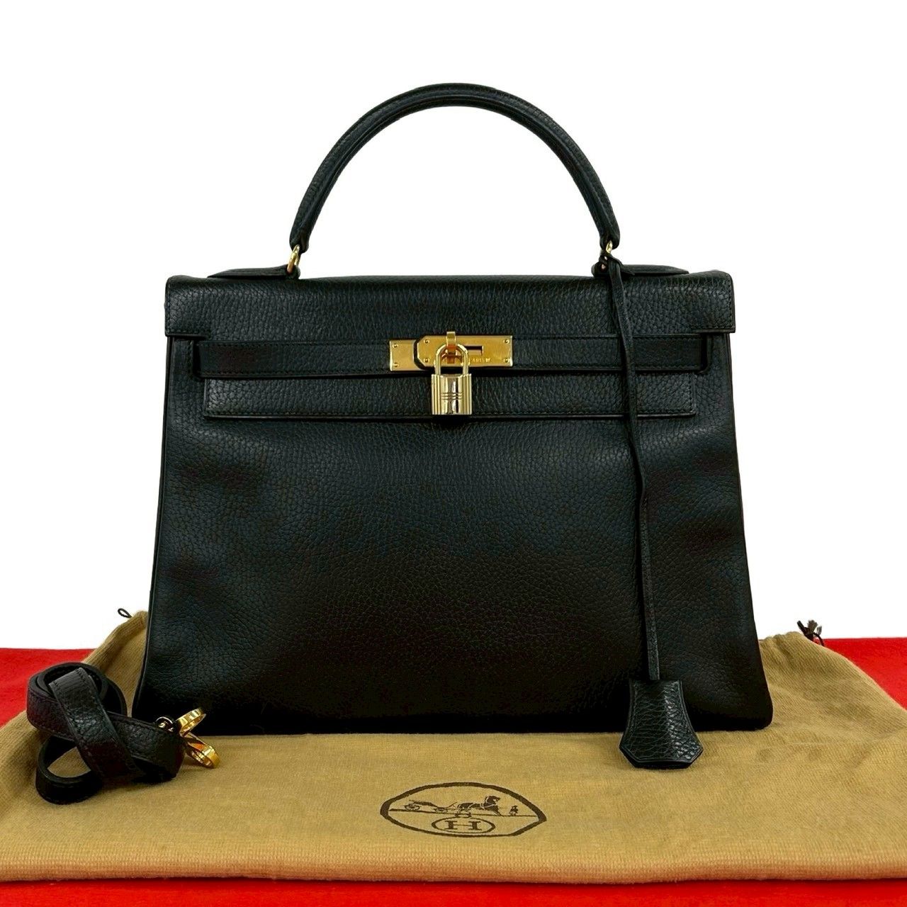 極 美品 袋付き ○W 刻印 HERMES エルメス ヴィンテージ ケリー32 アルデンヌ レザー 2way ハンドバッグ ショルダーバッグ ブラック 611-1