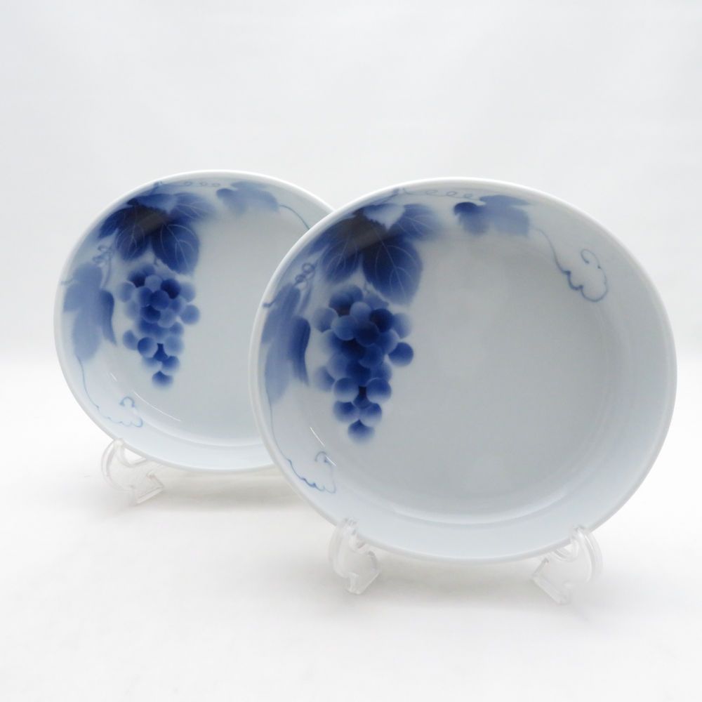 新品　深川製磁　青いぶどうデザイン平皿大小2枚ずつのセット 美品 Fukagawa Seiji 深川製磁 ブルーワイナリー N型深皿 2枚 ペア