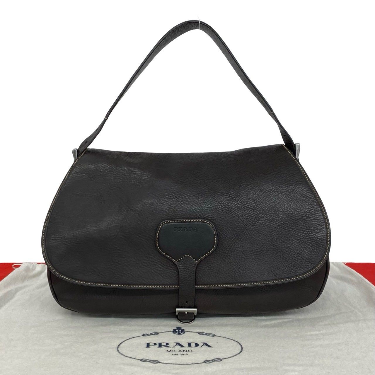 極 美品 保存袋付 PRADA プラダ ロゴ 刻印 金具 レザー 本革 ワン セミ 