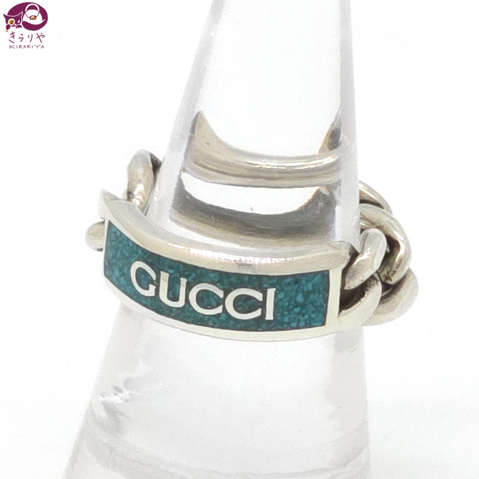 GUCCI グッチ 678711 ロゴ プレート ゴルメットチェーン リング 13 約12.5号 エナメル ターコイズ スターリングシルバー SV925 箱 保存袋 冊子 コントロールカード イタリア製 ☆1697AR 男女兼用