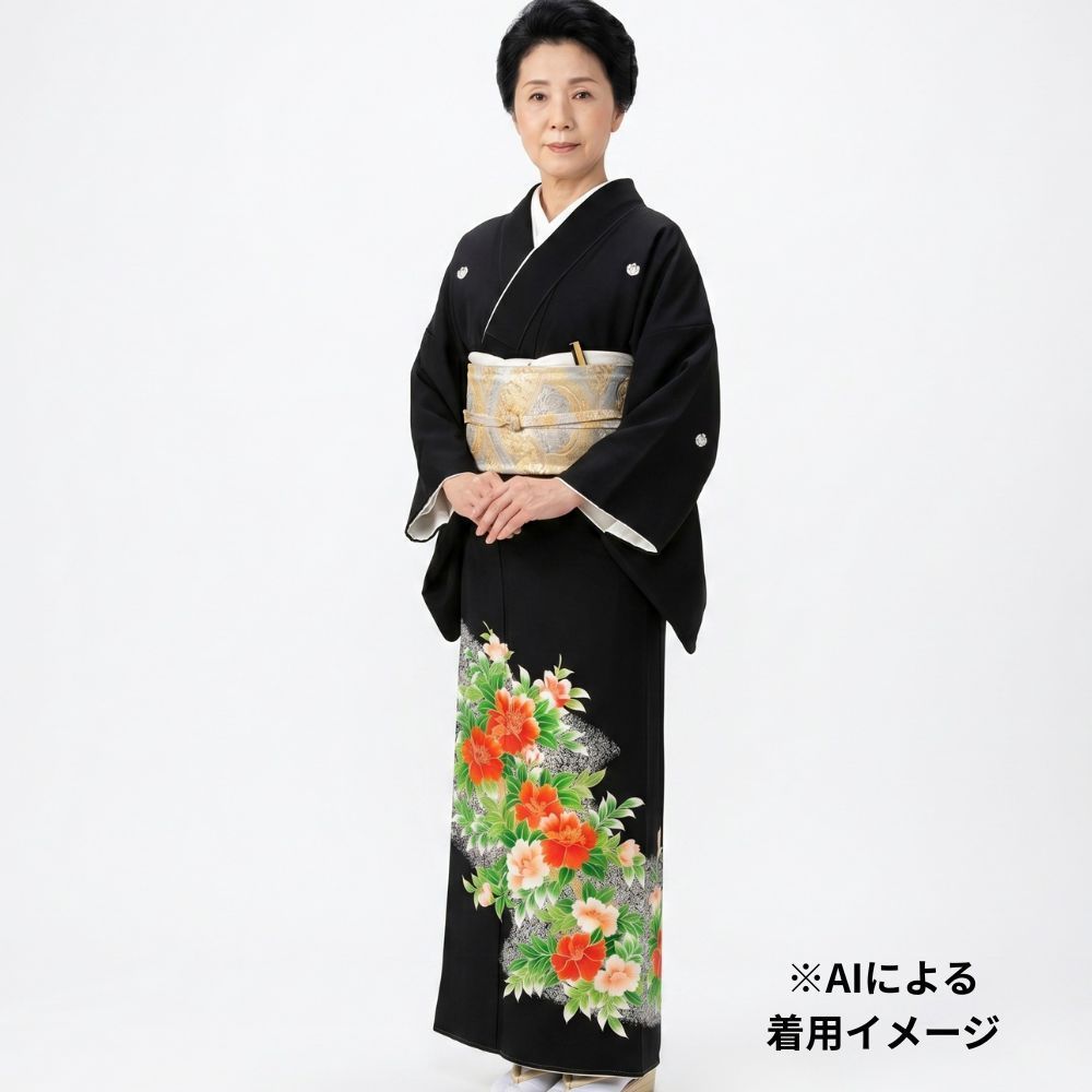 黒留袖 リユース 正絹 五つ紋 椿 黒地 8119-1 結婚式 新郎新婦 母親
