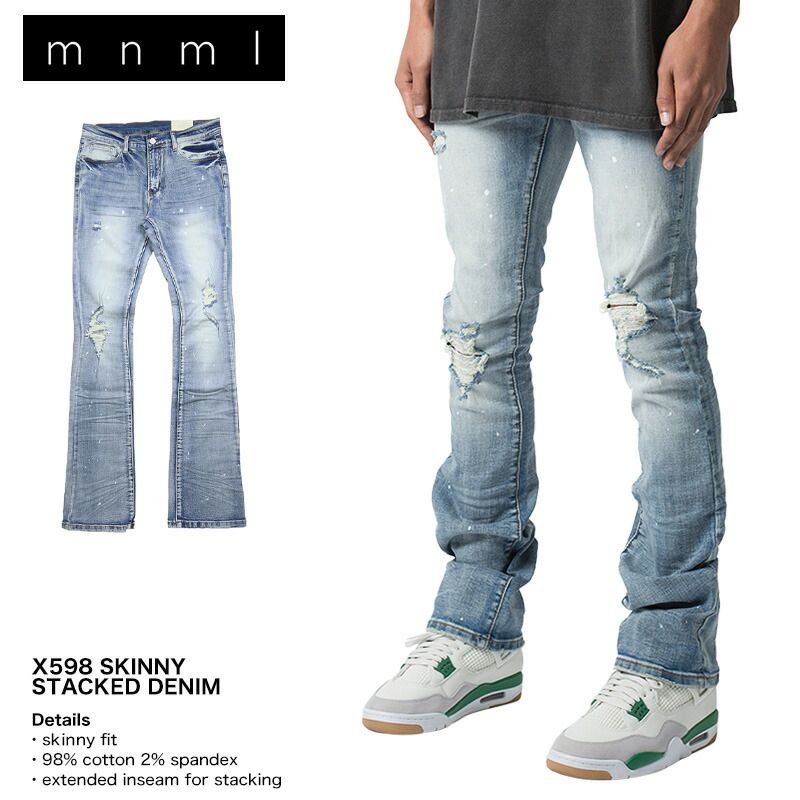 mnml デニムパンツ ミニマル フレアパンツ スキニーデニム スキニーパンツ ダメージデニム メンズ ブランド 大きいサイズ おしゃれ おすすめ 人気 mnml127 ブルー 28 29 30 32 34 36 38