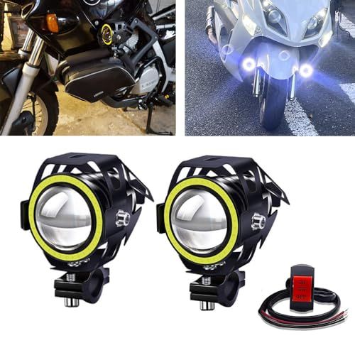 R★X-STYLE U7 バイク用 LED フォグランプ 4つモード切替 イカリング付き ヘッドライト 12V 24V 汎用 IP67防水 スイッチ付き ホワイト+ブルー (ホワイト, 直亮) ec43f0b3