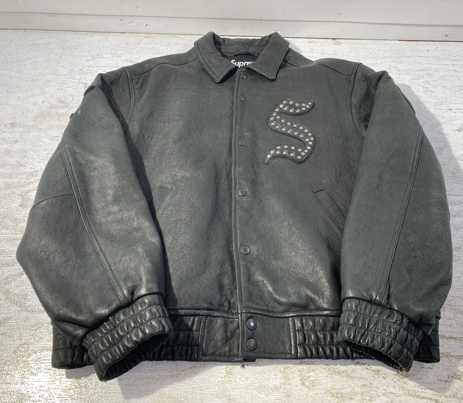 [紫波75-2-0612st] Supreme シュプリーム 21AW Pebbled Leather Varsity Jacket バーシティー レザージャケット L[中古] [メンズ]