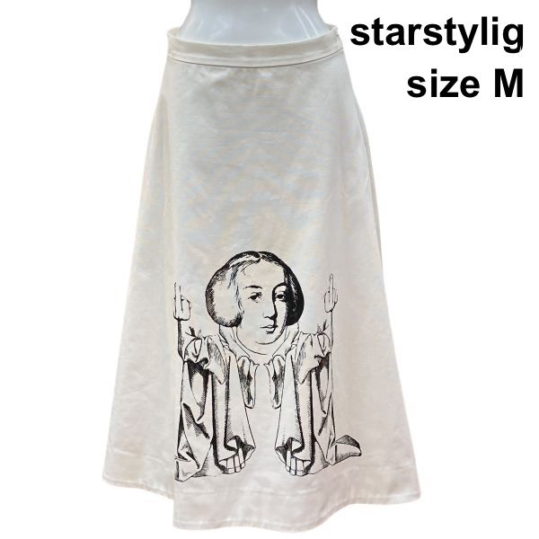 ◇ スタースタイリング starstylig フレアスカート ミモレ丈 アートプリント Aライン オフホワイト 黒 綿100％ M 9号 レディース Z6C885