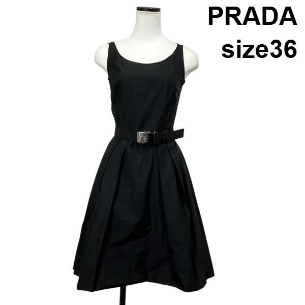 □ プラダ PRADA ワンピース ひざ丈 ノースリーブ ノーカラー 黒 36 XS
