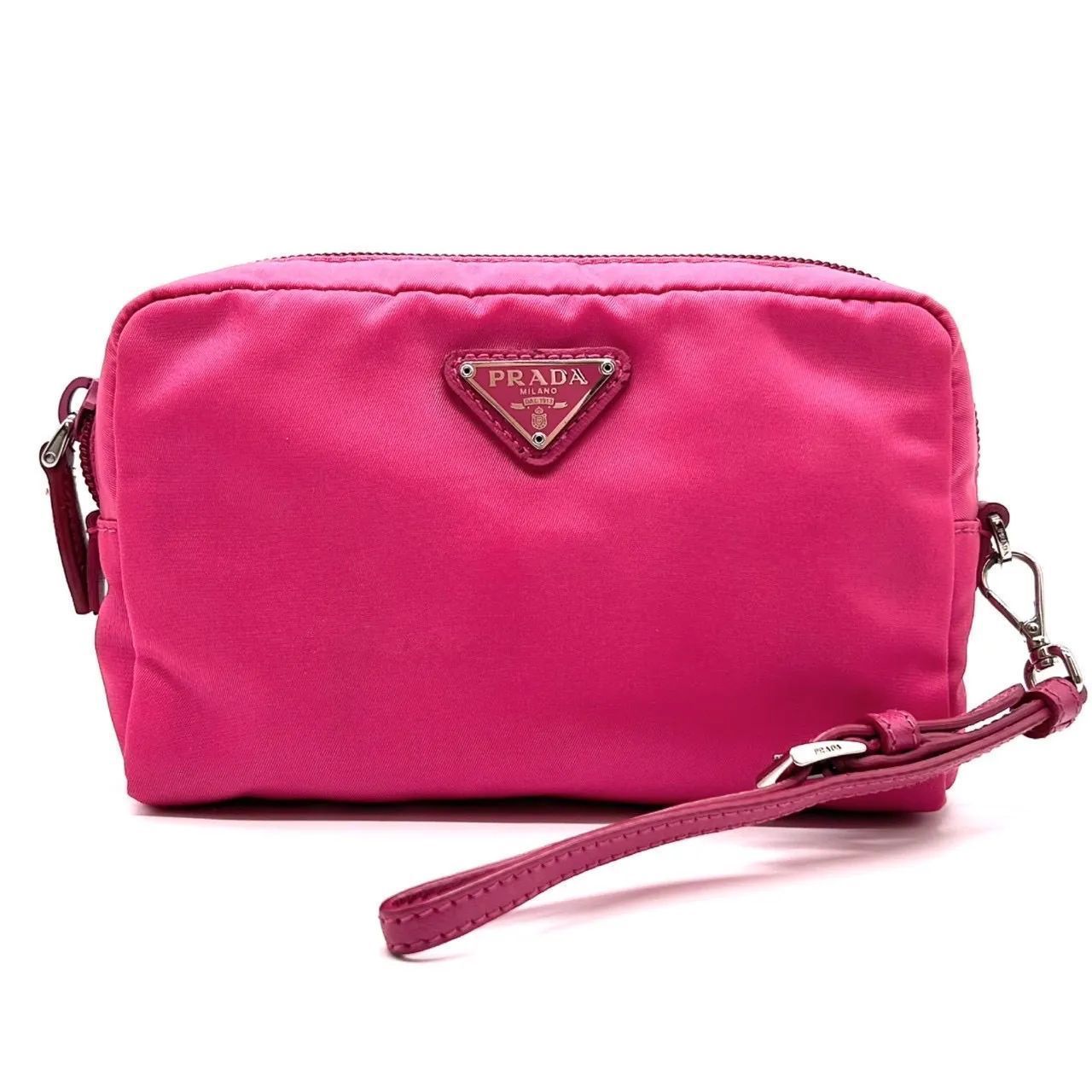 PRADA プラダ ナイロン ポーチ ピンク ストラップ付 トライアングル 小物入れ レディース 三角プレート トライアングルロゴ ギフト プレゼント