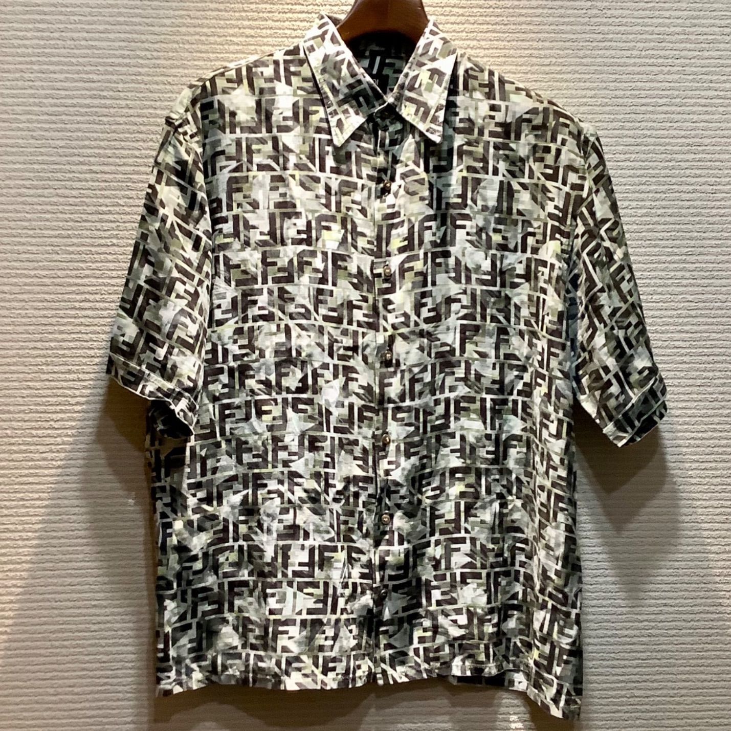 フェンディ FENDI FF ズッカ柄 カモフラージュ 半袖 シャツ グリーン 茶 ブラウン [39] メンズ FS0770 I61/T35