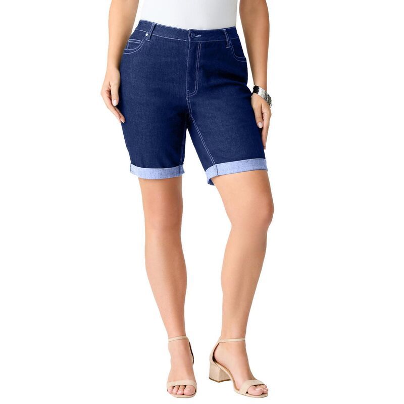 ロアマンズ レディース ボトムス ハーフパンツ・ショーツ プラスサイズ Roamans Womens Plusize Classic Stretch Cuffed Short Dark Wash