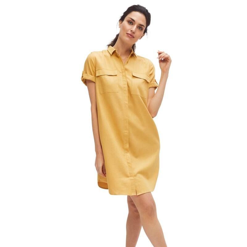 Ellos レディース トップス ワンピース プラスサイズ シャツ リネン ellos Plusize Button Front Linen Shirtdress Honey Spice