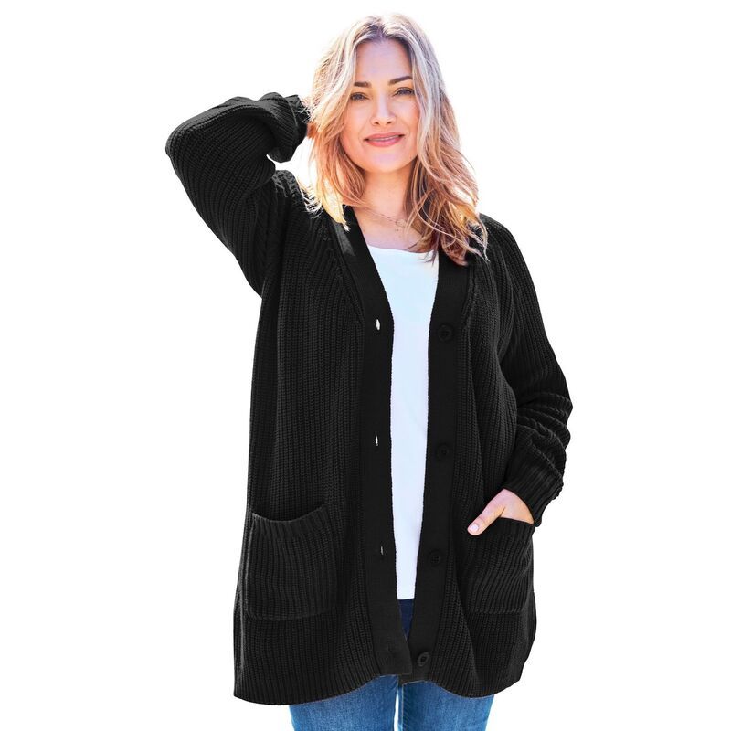 ウーマン ウィズイン レディース アウター ニット・セーター プラスサイズ カーディガン Woman Within Plusize ButtonFront Shaker Cardigan Black