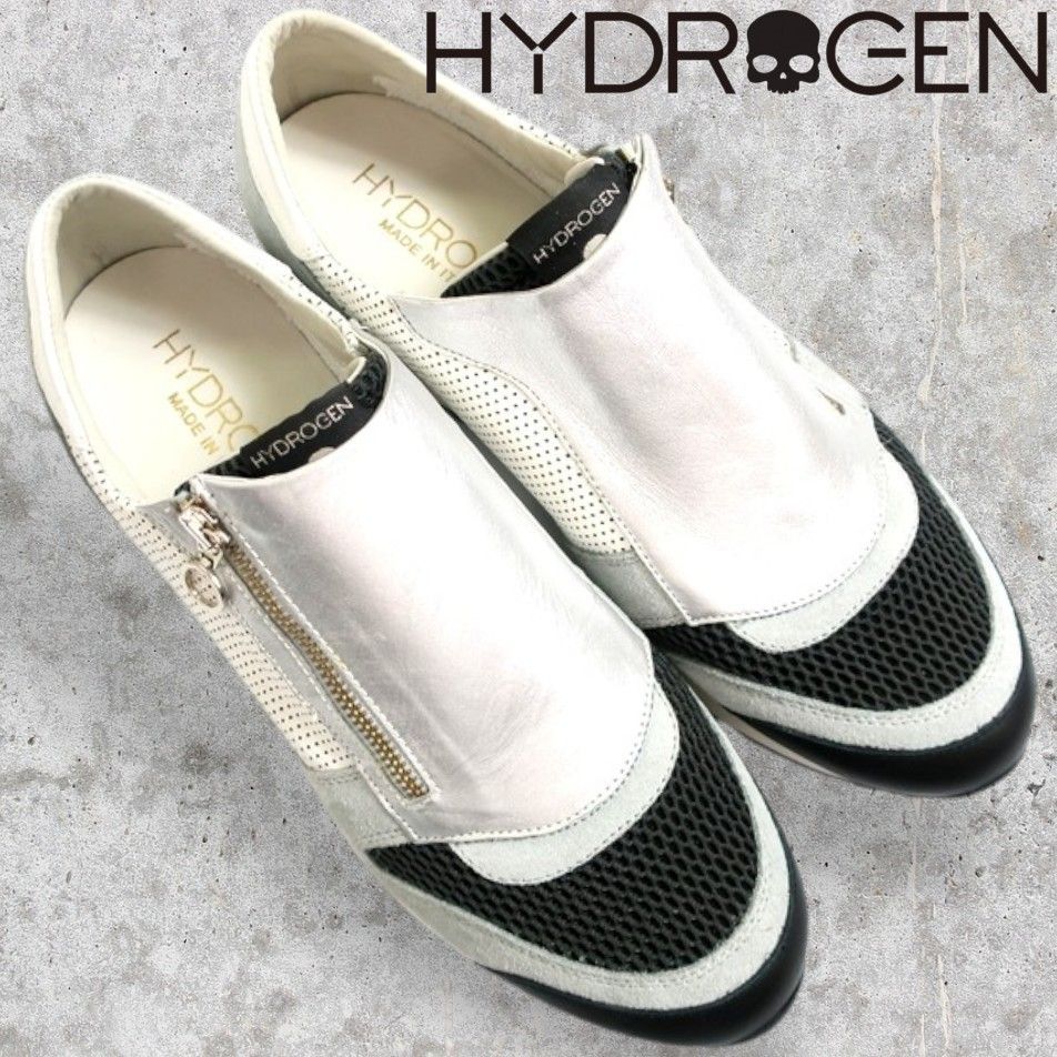 HYDROGEN ハイドロゲン イタリア製 スエードレザー パンチングレザー 切替 ジップアップ スニーカー ランニングシューズ グレーシルバーホワイト 163102▲147▼00506k04