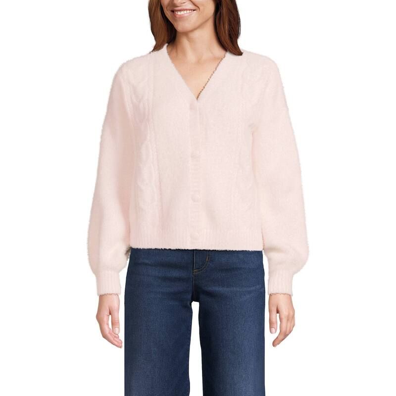ランズエンド レディース アウター ニット・セーター カーディガン Womens Lands End Fuzzy Eyelash Cable Cardigan Sweater Blush ブラッシュ