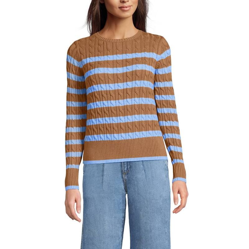 ランズエンド レディース アウター ニット・セーター Womens Lands Endrifter Modern Cable Crew Sweater Camel Blue Stripe ブルー