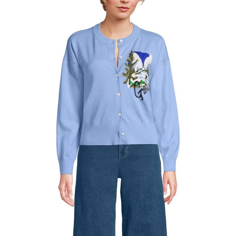 ランズエンド レディース アウター ニット・セーター クルーネック カーディガン クロップド レース Womens Lands End Cropped Placed Jacquard Fine Gau