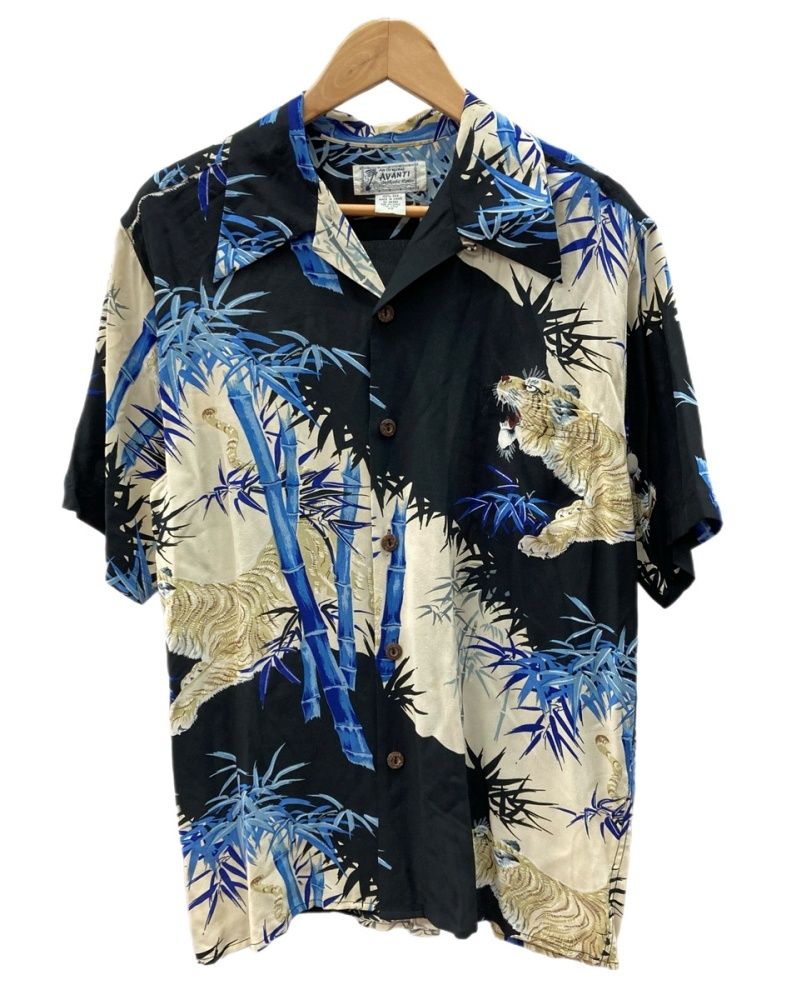 アヴァンティ AVANTI Aloha Shirt アロハ シャツ ボタンアップ オープンカラー バンブー 竹林 虎 開襟 半袖 薄茶 青 半袖シャツ 総柄 ベージュ XSサイズ 104MT-3307