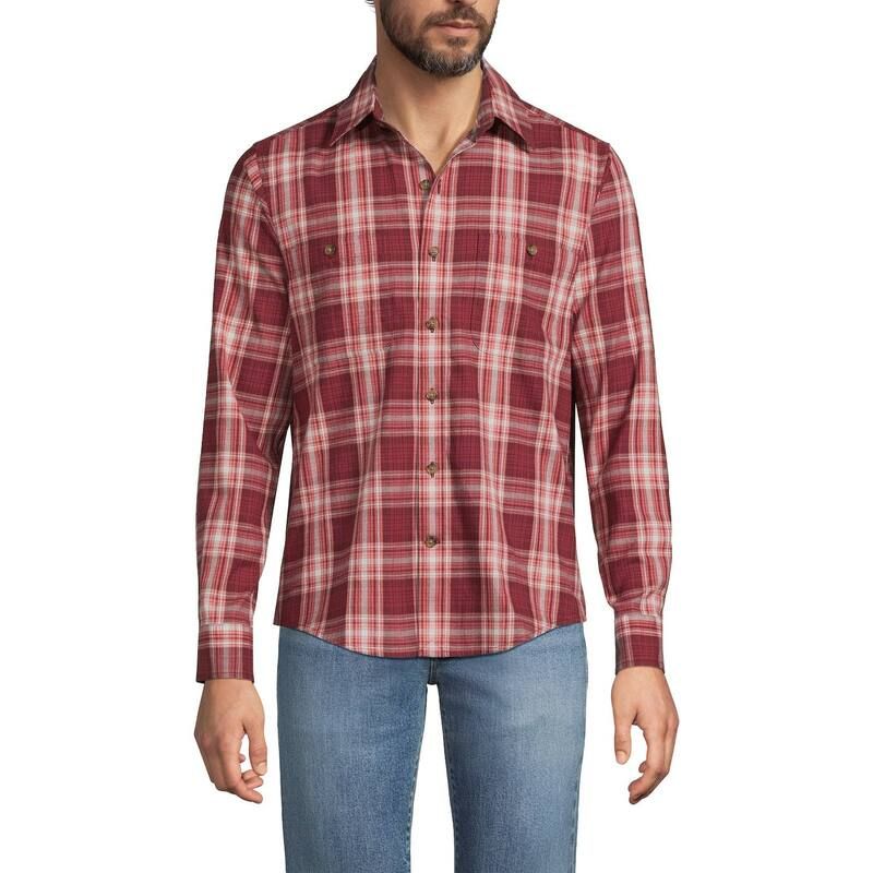 ランズエンド メンズ トップス Tシャツ Mens Lands End Coastal Flannel Shirt Burgundy Plaid バーガンディ