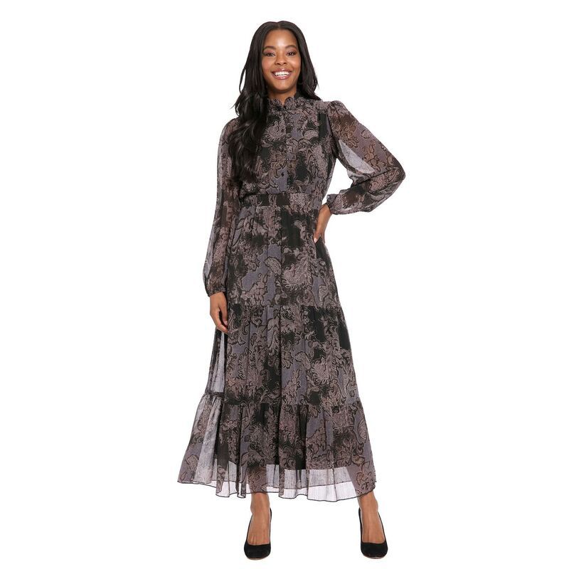ロンドンタイムス レディース トップス ワンピース フリル シャーリング マキシ Womens London Times Ruffle Neck Smocked Waist Maxi Dress Bl