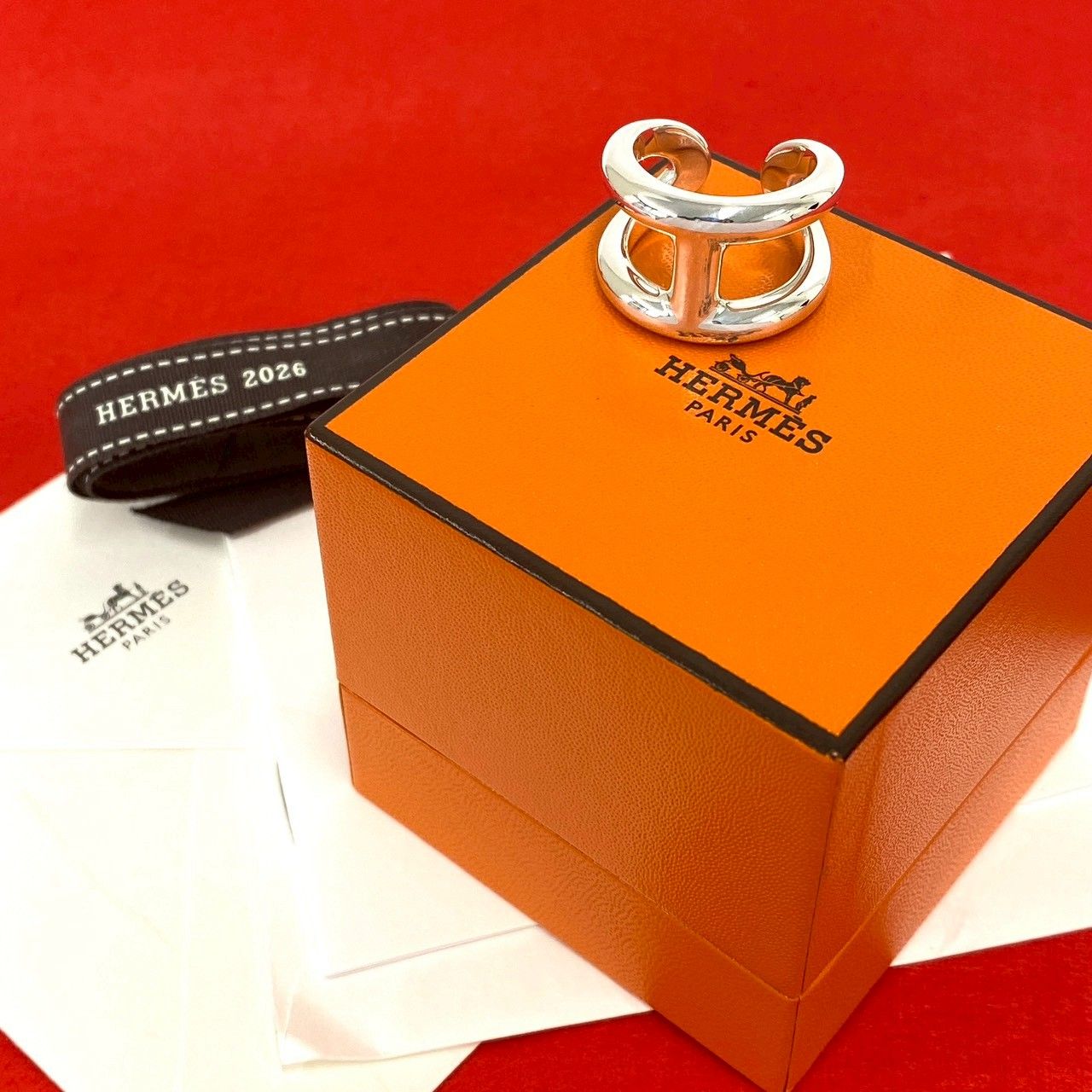 極 美品 箱付き HERMES エルメス オスモズ GM シルバー925 リング 指輪 18号 アクセサリー メンズ シルバー 56118