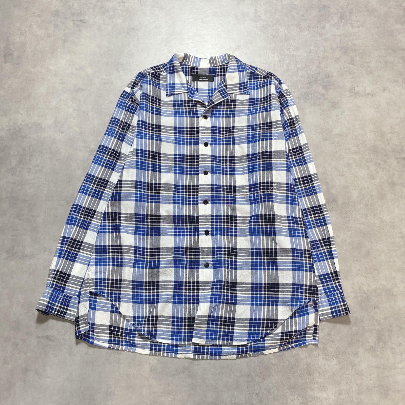 GQ5849◇ensou : 23ss Open Collar Shirt◇M◇白青系 エンソウ オープンカラー チェックシャツ 長袖 定価¥35.200-