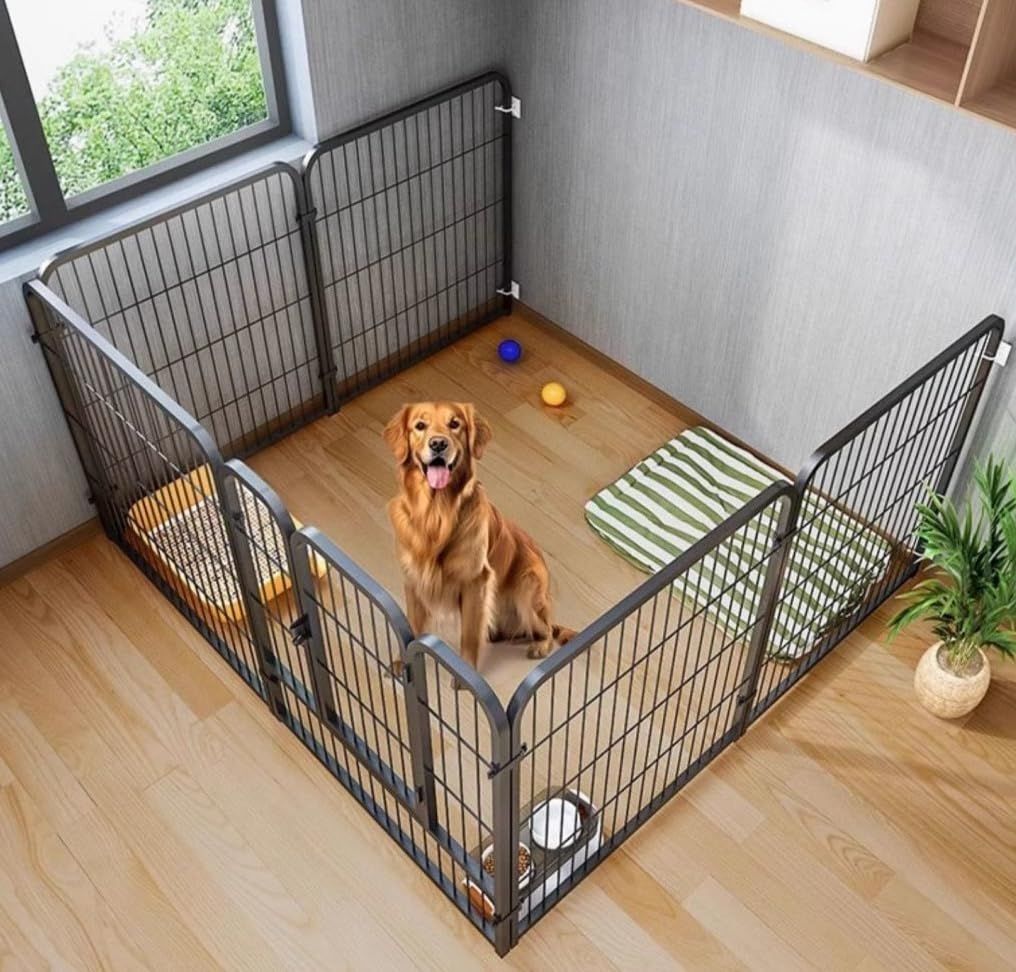 ペットサークル 犬 ペットフェンス サークルケージ ドア付き 室内 屋外 置くだけ 柵 自立 ケージ 小型犬 セットドア付 6枚 接続式 簡単組み立て 工具不要 折りたたみ 犬用 広げる レイアウト自由 120×60cmJu