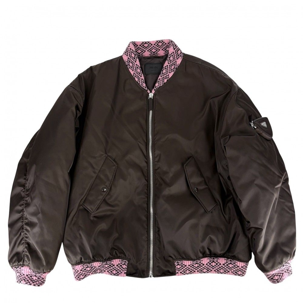 プラダ ブルゾン メンズ ボンバージャケット 服 アウター PRADA M SGB895 ブラウン 茶 ピンク シルバー金具 ポリアミド 冬【中古品】 149,000円