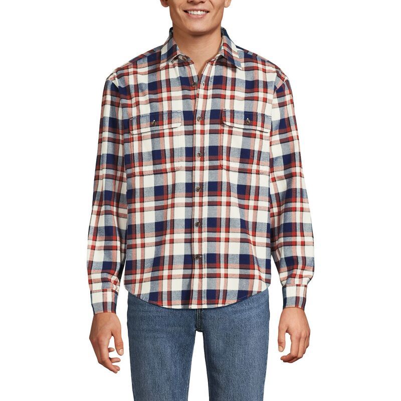 ランズエンド メンズ トップス Tシャツ Mens Lands End Long Sleeve Rain Defense Flannel Shirt Navy Bourbon Plaid ネイビー