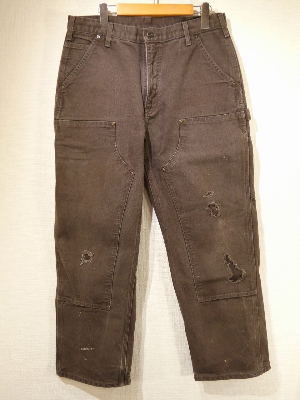 Distressed 襤褸 フェード 20s ビンテージ Carhartt カーハート DKB ダークブラウン ダック ダブルニー ペインター ワーク パンツ 33×30 USA古着 90s 10s