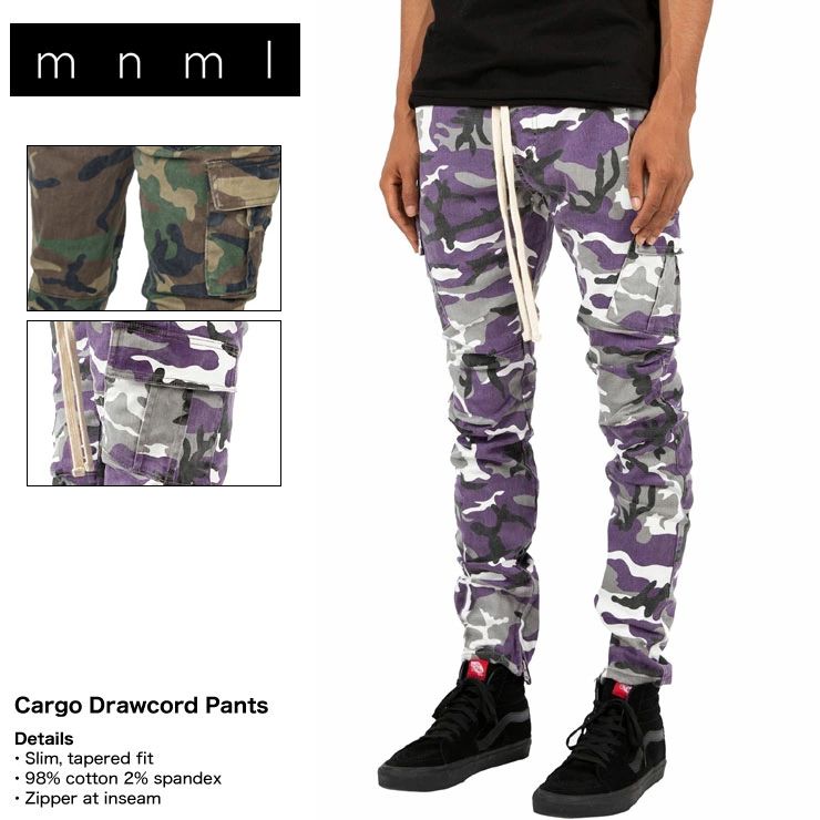 mnml ミニマル CARGO DRAWCORD PANTS CAMO メンズ レディース 夏秋冬 カーゴパンツ カモ パープルカモ XS S M L XL