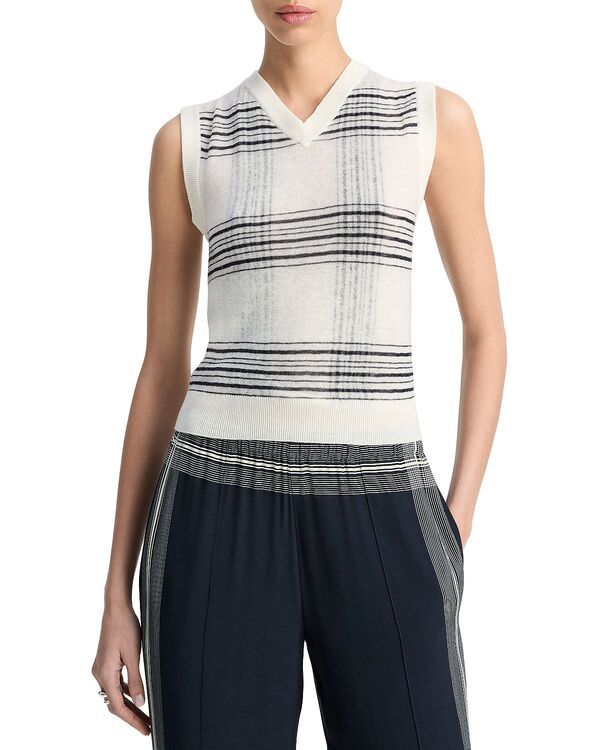 ヴィンス レディース アウター ベスト Vネック Vince Plaid V Neck Vest Optic WhiteBlack ホワイト
