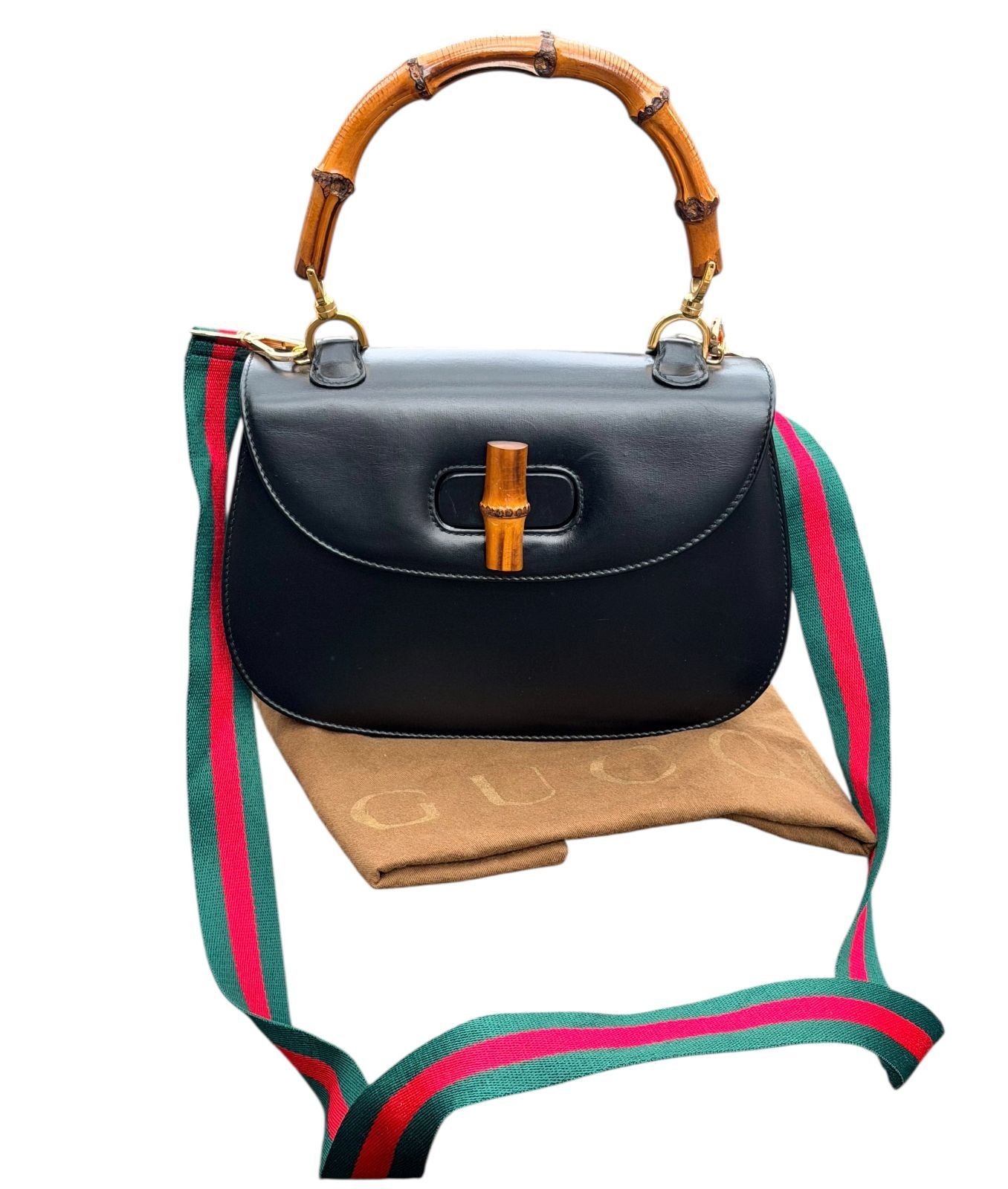 超美品◆グッチGUCCIバンブーボックスカーフヴィンテージVintageケリー型2wayショルダーバッグハンドバッグカーフ・レザー黒ブラック色