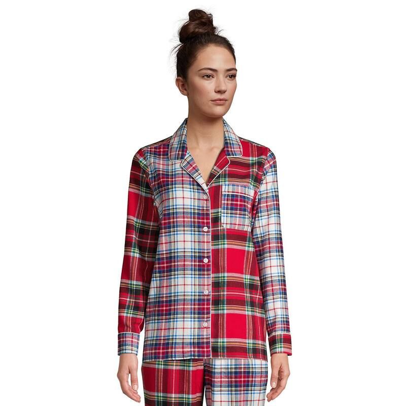 ランズエンド レディース アンダーウェア ナイトウェア Womens Lands End Long Sleeve Flannel Pajama Top Red Patchwork Plaid レッド