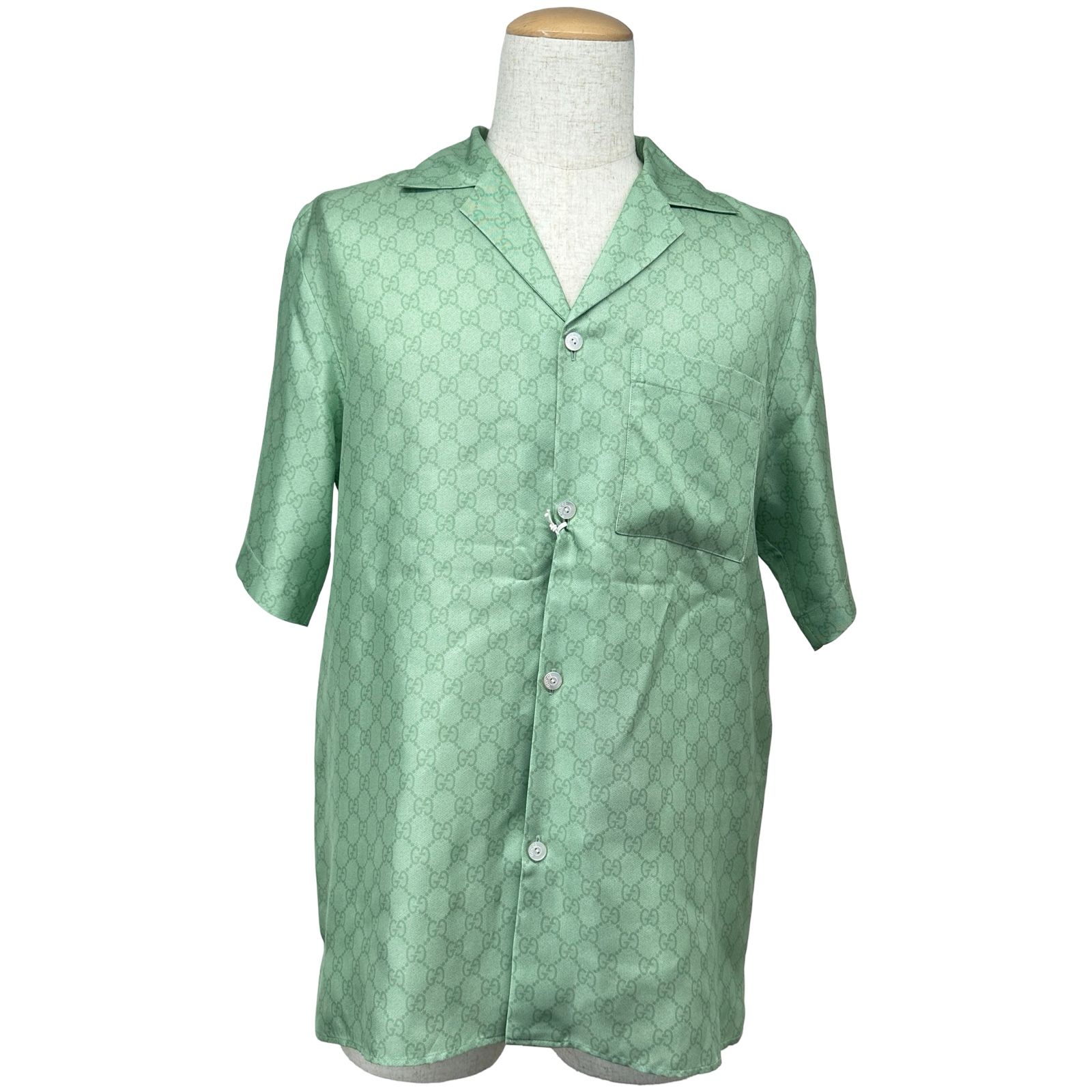 グッチ GUCCI x ヒグチユウコ GG総柄シルクシャツ 864048 グリーン シルク メンズ 半袖シャツ